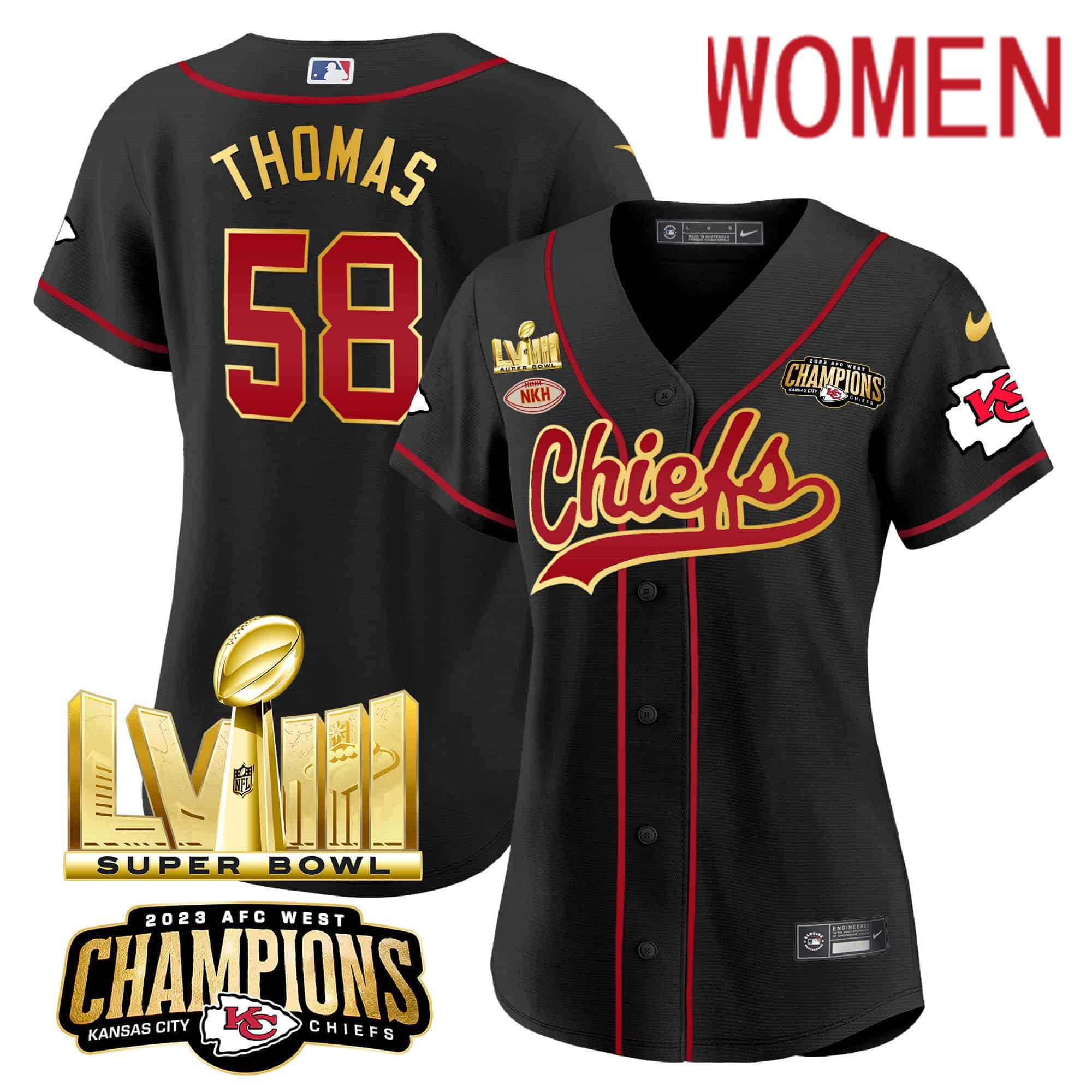 Women Kansas City Chiefs #58 Thomas Black 2024 Nike Super Bowl LVIII Back-2-Back Gold Patch Baseball NFL Jersey